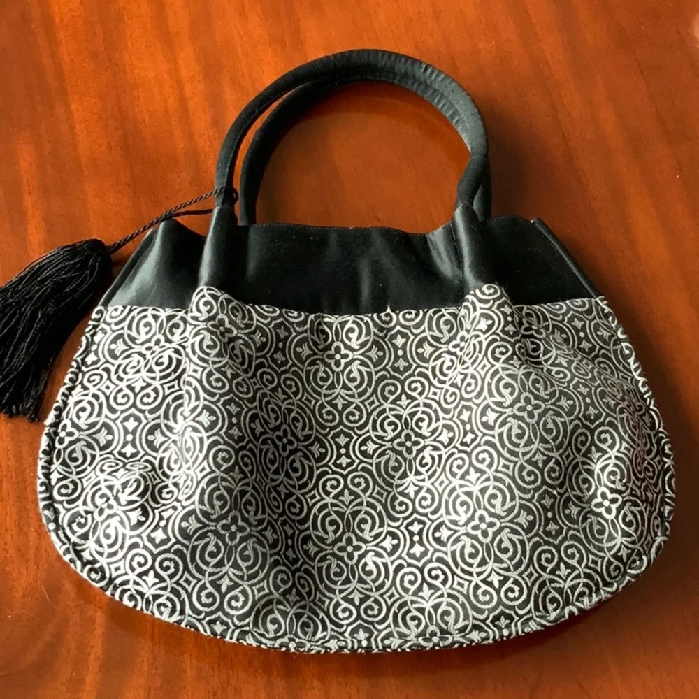 Black and Silver Satin Evening Clutch Formal Cocktail Bag With Black Tassel